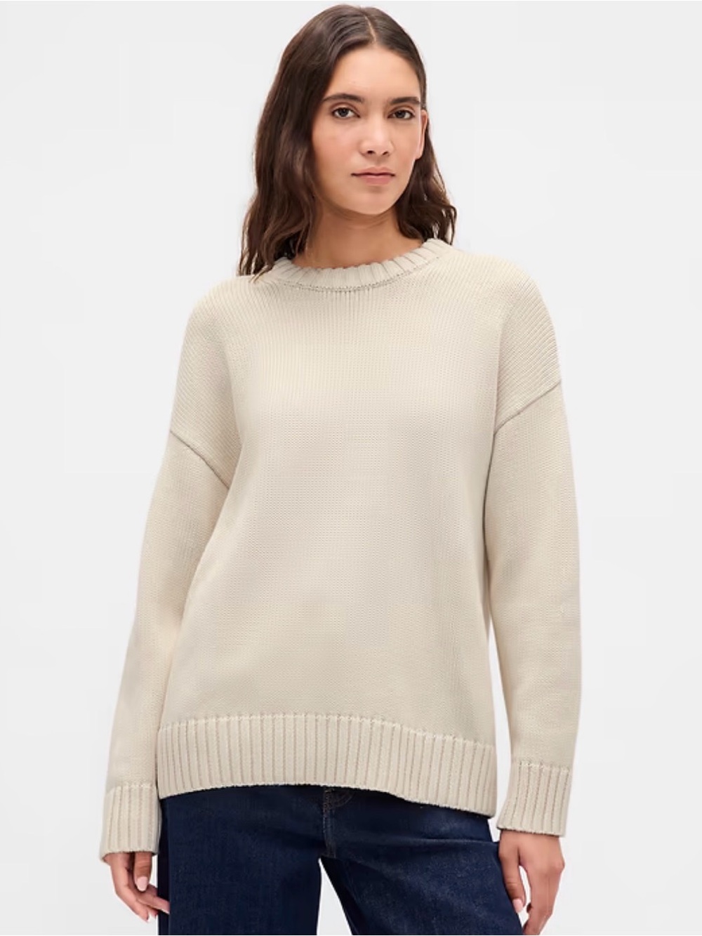 GAP Women’s 100% Cotton Oversize Sweater Beige Crewneck Knit Sweater Medium